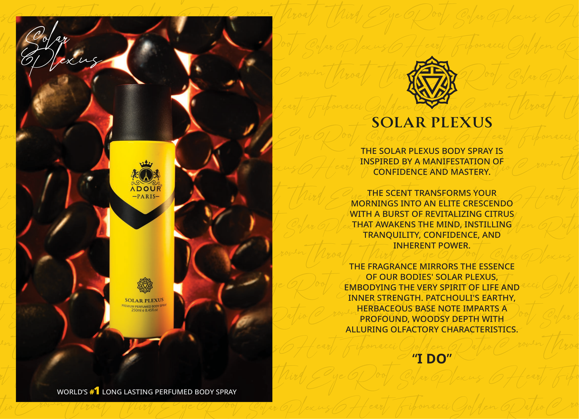Shine with confidence using Solar Plexus Body Spray. Bright citrus accords unfold into patchouli’s earthy richness, layered with a woody and herbaceous base.