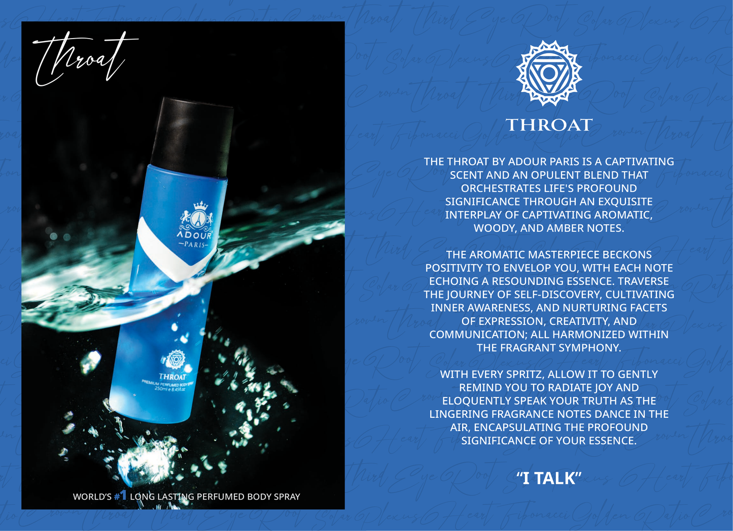 Find harmony with Throat Body Spray, infused with aromatic woody and amber notes. Designed to inspire creativity, communication, and expression.
