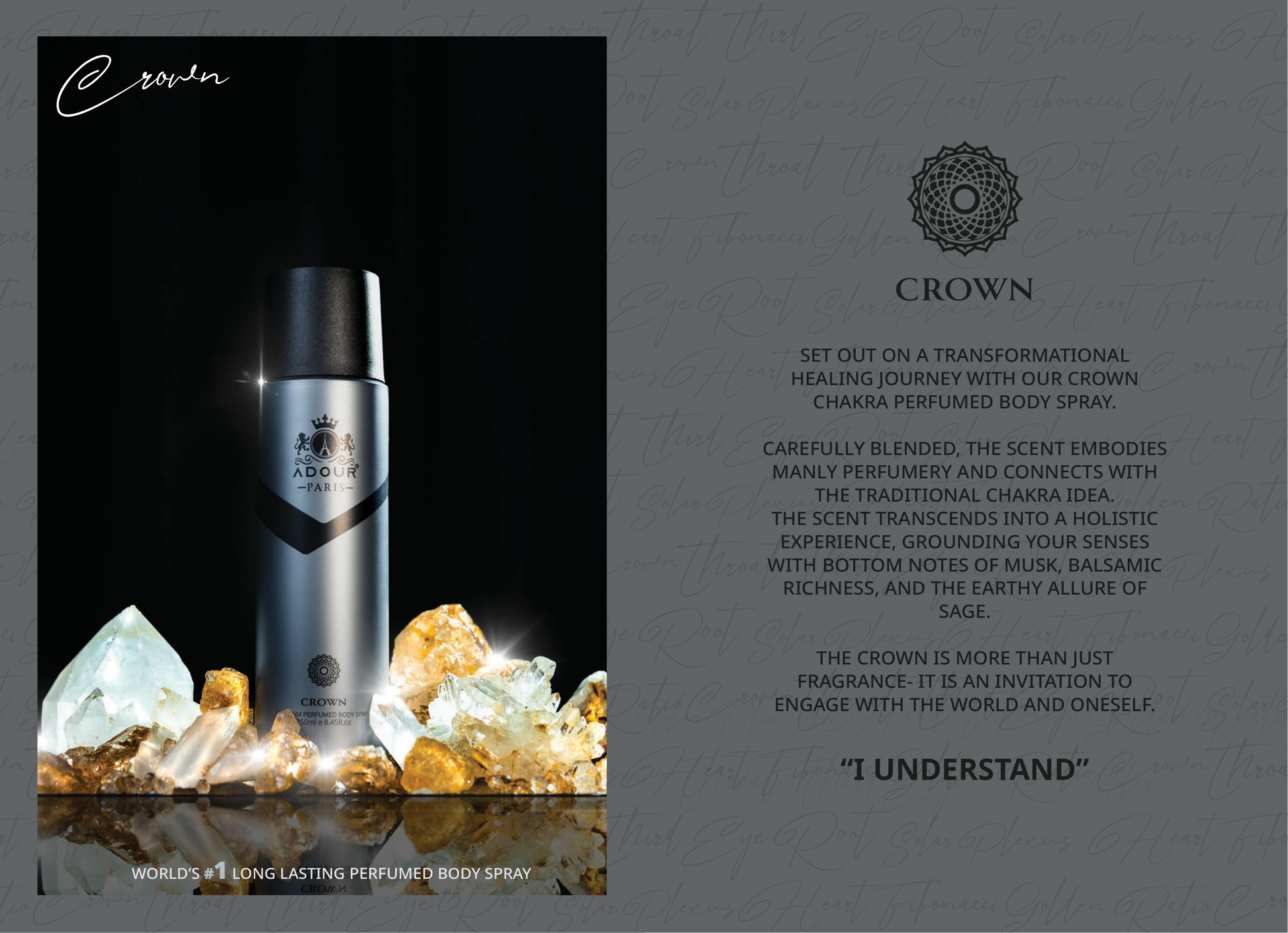Embark on a chakra healing journey with Crown Body Spray. Opens with spicy ginger and sweet pear, layered with herbaceous whispers and citrus notes for a refreshing, uplifting scent.