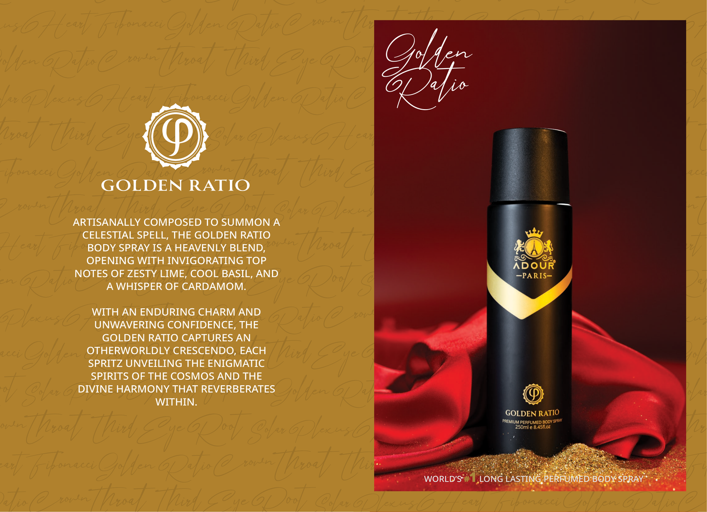 Inspired by the 'Golden Ratio,' our fragrance captivates with top notes of lemon, mint, and pink pepper. Base notes weave of sandalwood and patchouli to create an aesthetic symphony.