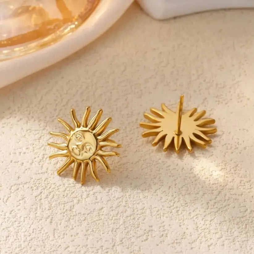 Punk Stainless Steel Sun Earrings For Women Gold Plated Geometric Sun Face Earring Wedding Aesthetic Waterproof Jewelry Gift