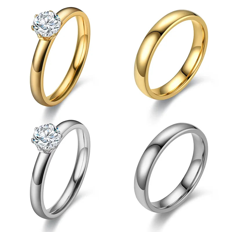Classic Wedding Rings Big Cubic Zircon Couple Rings Stainless Steel for Men Women Wedding Engagement Charm Jewelry Accessories