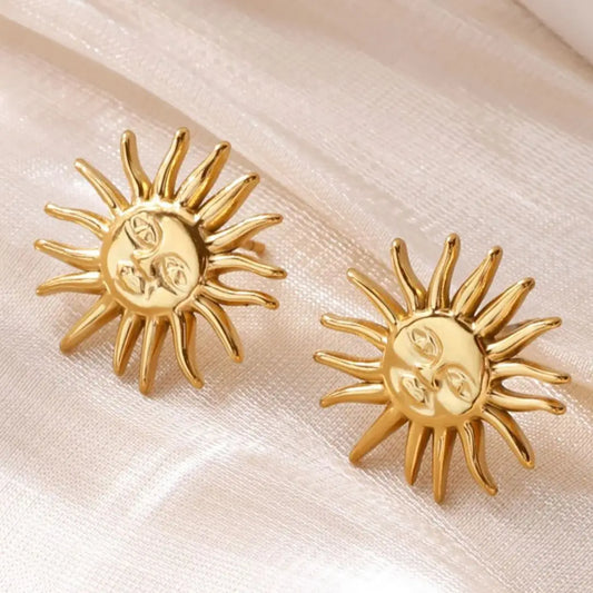 Punk Stainless Steel Sun Earrings For Women Gold Plated Geometric Sun Face Earring Wedding Aesthetic Waterproof Jewelry Gift