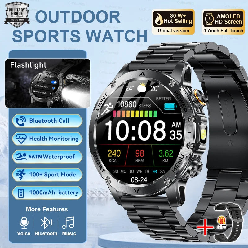 Adult Military Sports Smart Watch 5ATM IP69K Waterproof Clock GPS NFC Bluetooth Call LED Outdoor Fitness Sports Smartwatch Men