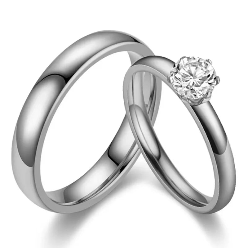 Classic Wedding Rings Big Cubic Zircon Couple Rings Stainless Steel for Men Women Wedding Engagement Charm Jewelry Accessories