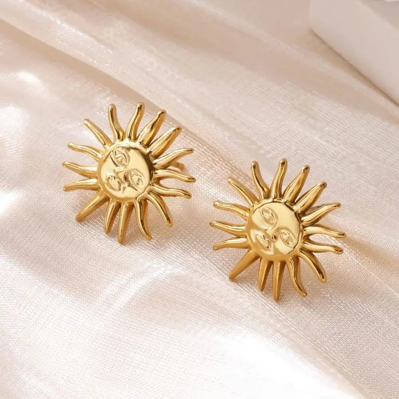 Punk Stainless Steel Sun Earrings For Women Gold Plated Geometric Sun Face Earring Wedding Aesthetic Waterproof Jewelry Gift