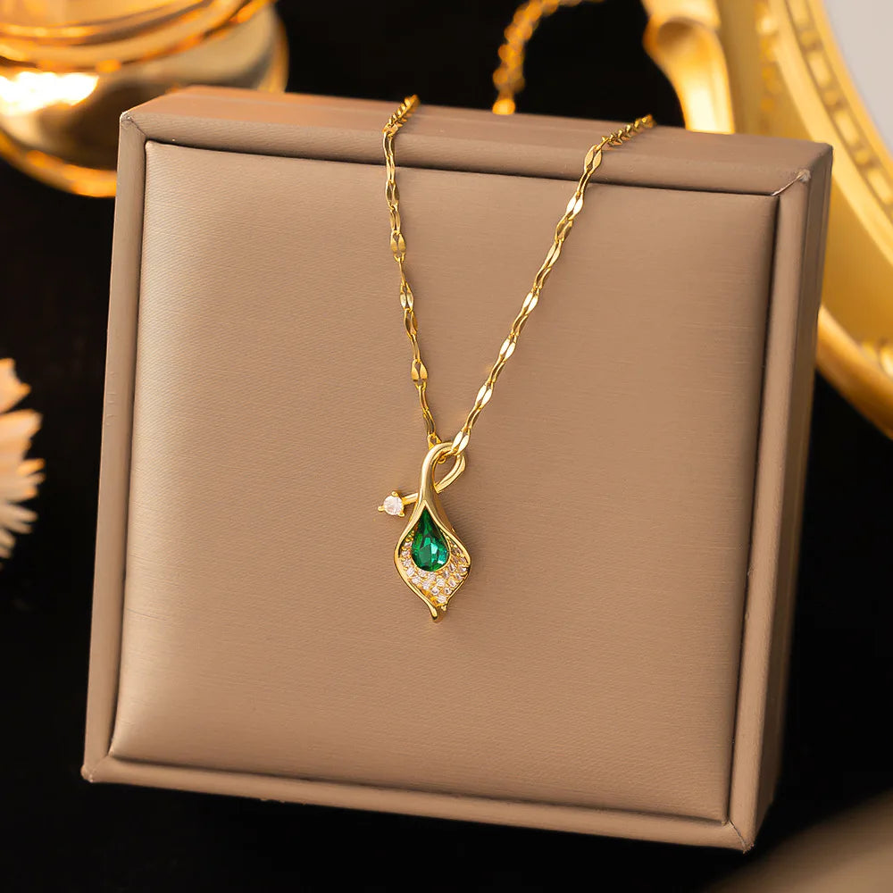 Stainless Steel Luxury Retro Green Zircon Crystal Leaf Necklace Women New Trend Fashion Neck Jewelry Glamorous Gift