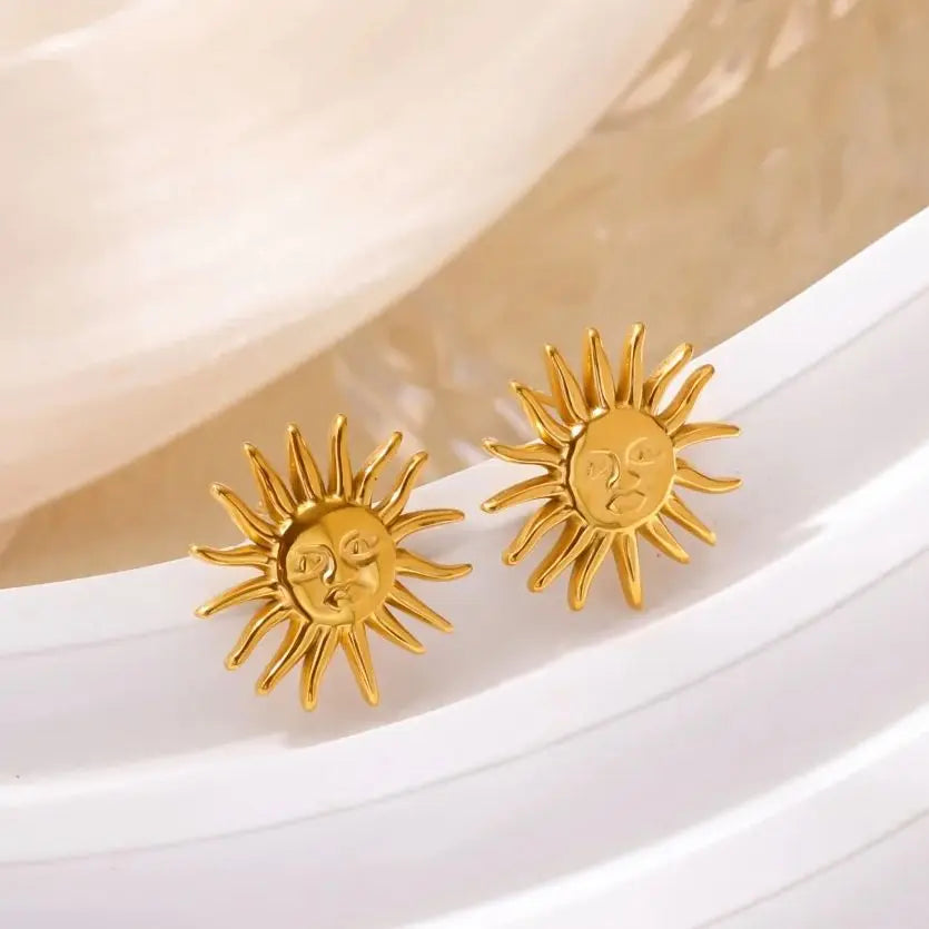 Punk Stainless Steel Sun Earrings For Women Gold Plated Geometric Sun Face Earring Wedding Aesthetic Waterproof Jewelry Gift