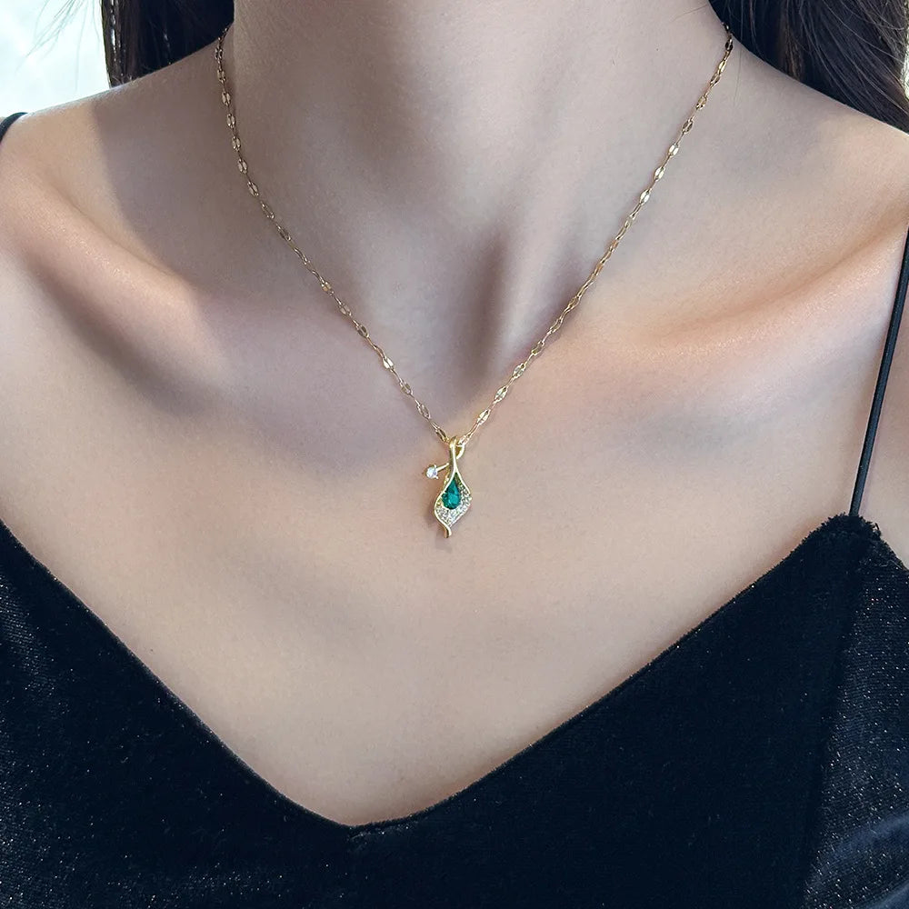 Stainless Steel Luxury Retro Green Zircon Crystal Leaf Necklace Women New Trend Fashion Neck Jewelry Glamorous Gift