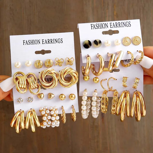 Fashion Metal Gold Color Circle Pearl Earring Set for Women Creative Personality Heart Butterfly Stud Earrings Party Jewelry Set