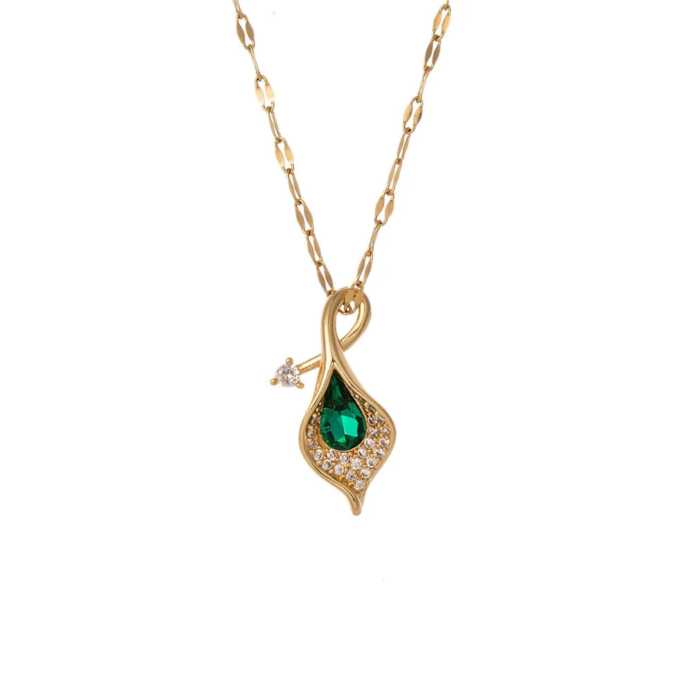Stainless Steel Luxury Retro Green Zircon Crystal Leaf Necklace Women New Trend Fashion Neck Jewelry Glamorous Gift