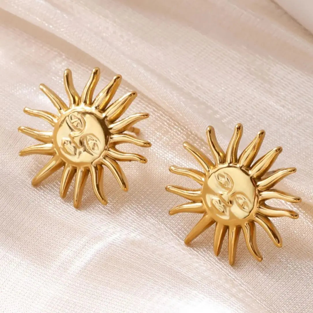 Punk Stainless Steel Sun Earrings For Women Gold Plated Geometric Sun Face Earring Wedding Aesthetic Waterproof Jewelry Gift
