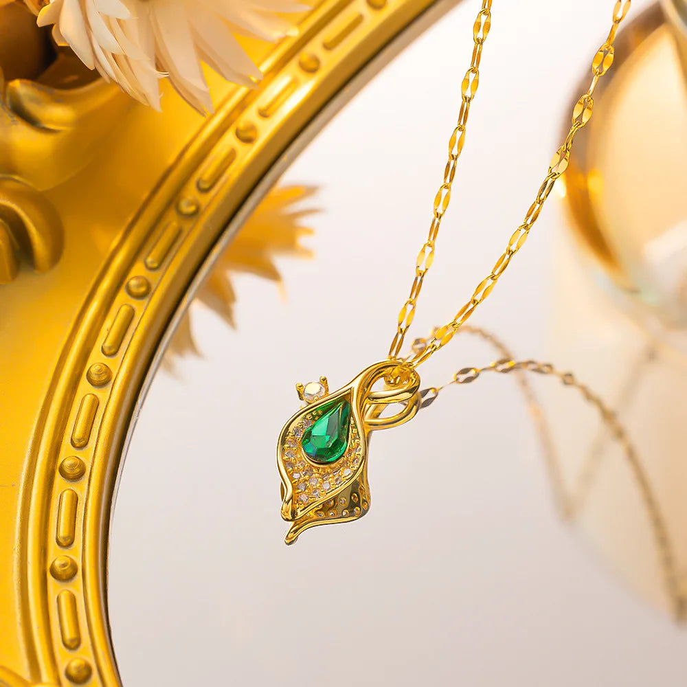 Stainless Steel Luxury Retro Green Zircon Crystal Leaf Necklace Women New Trend Fashion Neck Jewelry Glamorous Gift