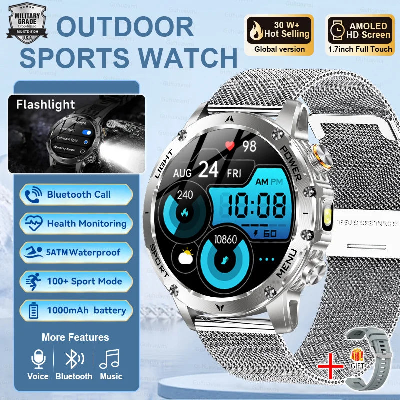 Adult Military Sports Smart Watch 5ATM IP69K Waterproof Clock GPS NFC Bluetooth Call LED Outdoor Fitness Sports Smartwatch Men