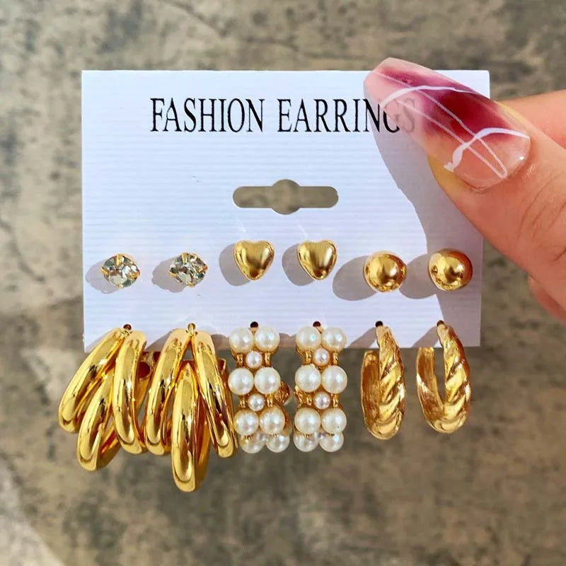 Fashion Metal Gold Color Circle Pearl Earring Set for Women Creative Personality Heart Butterfly Stud Earrings Party Jewelry Set